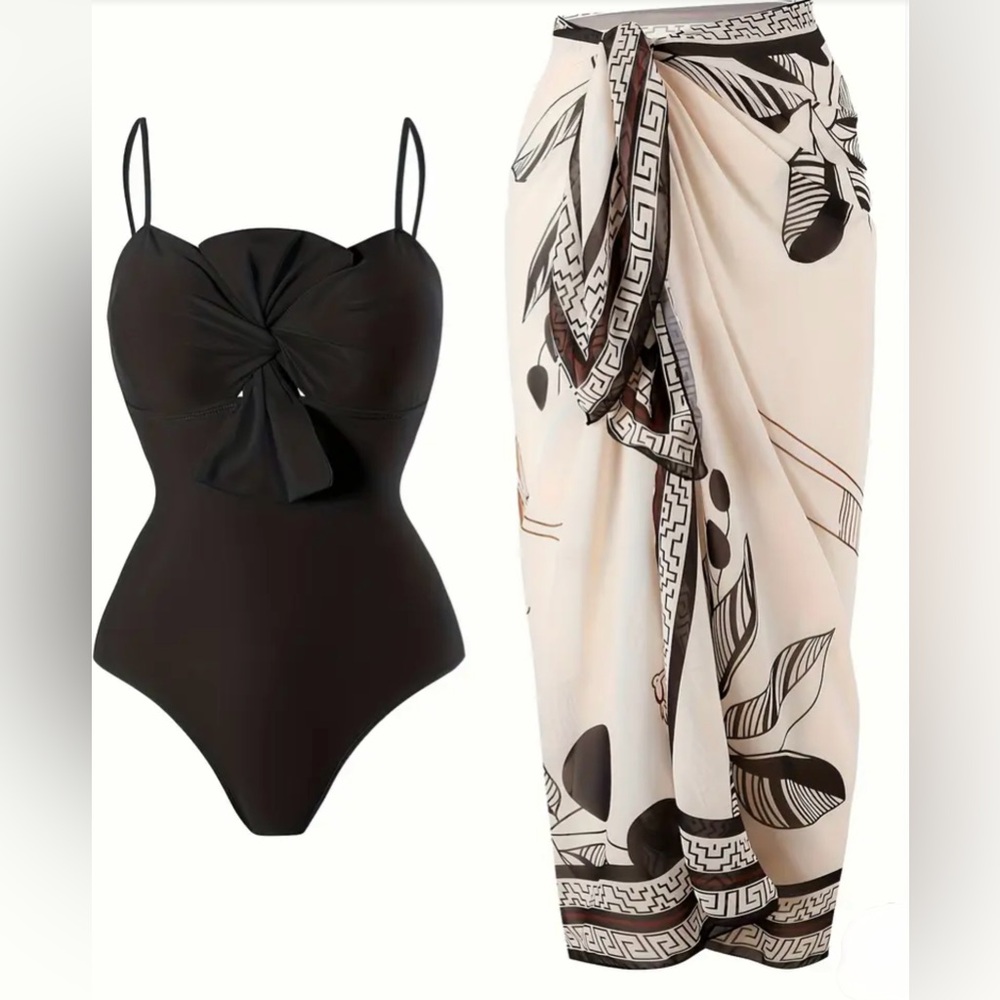 Elegant Black Swimsuit with Printed Sarong